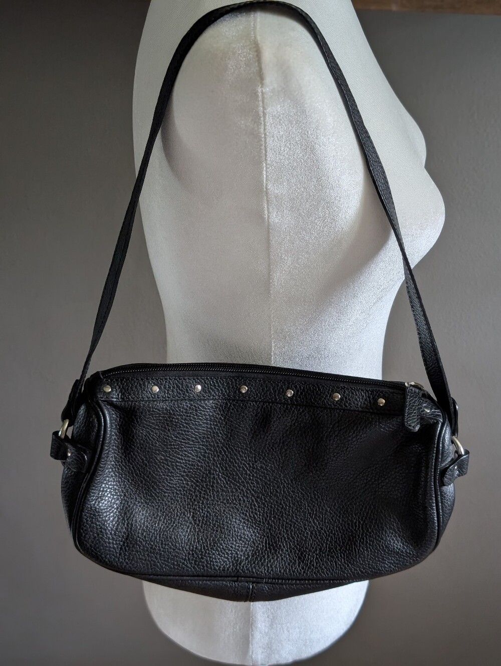 Y2K 90s Grunge Vintage Black Leather Studded Shoulder Bag Made In Italy